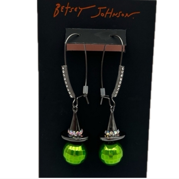 🖤 🔹️Betsey Johnson 🔹️ Disco Witch Hat Green Drop Earring - Picture 2 of 4
